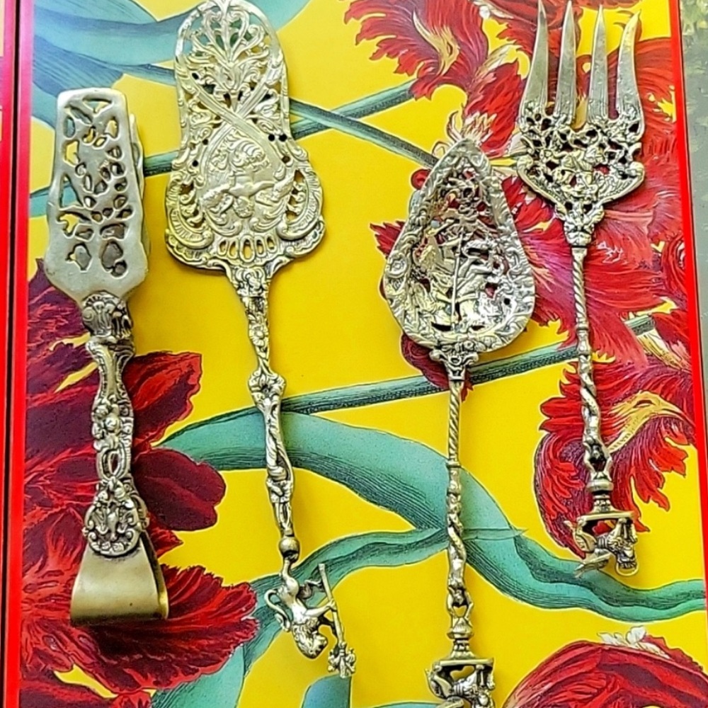 Intricate Brass Renaissance Venice Saint Matthew Decorative Serving Utensils Set